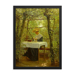 Young Woman Embroidering in the Garden by Karl Harald Alfred Broge framed print on a plain backdrop in size 18"x24".