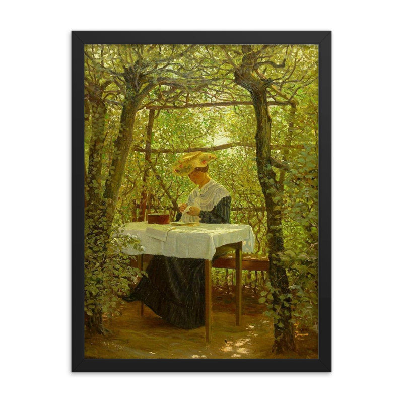 Young Woman Embroidering in the Garden by Karl Harald Alfred Broge framed print on a plain backdrop in size 18