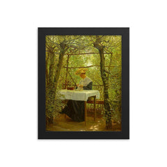 Young Woman Embroidering in the Garden by Karl Harald Alfred Broge framed print on a plain backdrop in size 8"x10".