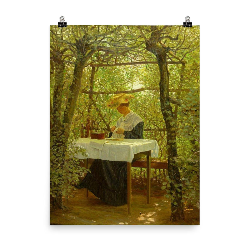 Young Woman Embroidering in the Garden by Karl Harald Alfred Broge poster on a plain backdrop in size 8