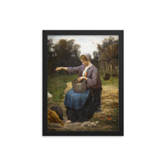 Young Woman Feeding Her Poultry by Jules Adolphe Aimé Louis Breton framed print on a plain backdrop in size 12"x16".