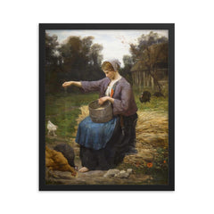 Young Woman Feeding Her Poultry by Jules Adolphe Aimé Louis Breton framed print on a plain backdrop in size 16"x20".