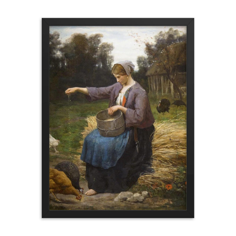 Young Woman Feeding Her Poultry by Jules Adolphe Aimé Louis Breton framed print on a plain backdrop in size 18