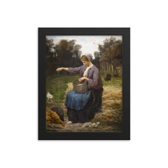 Young Woman Feeding Her Poultry by Jules Adolphe Aimé Louis Breton framed print on a plain backdrop in size 8"x10".
