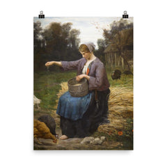 Young Woman Feeding Her Poultry by Jules Adolphe Aimé Louis Breton poster on a plain backdrop in size 8"x10".