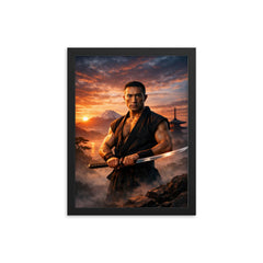 Yukio Mishima at dawn with katana framed print on a plain backdrop in size 12"x16".