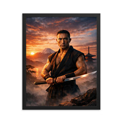 Yukio Mishima at dawn with katana framed print on a plain backdrop in size 16"x20".