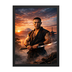 Yukio Mishima at dawn with katana framed print on a plain backdrop in size 18"x24".