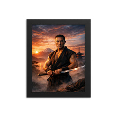 Yukio Mishima at dawn with katana framed print on a plain backdrop in size 8"x10".