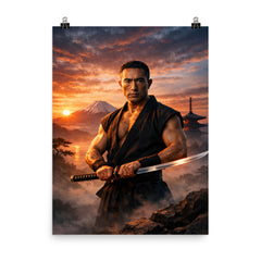 Yukio Mishima at dawn with katana poster on a plain backdrop in size 8"x10".