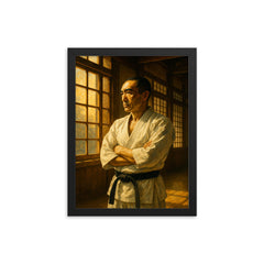 Yukio Mishima at sunlit dojo window framed print on a plain backdrop in size 12"x16".