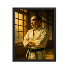 Yukio Mishima at sunlit dojo window framed print on a plain backdrop in size 16"x20".