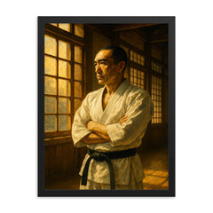 Yukio Mishima at sunlit dojo window framed print on a plain backdrop in size 18"x24".