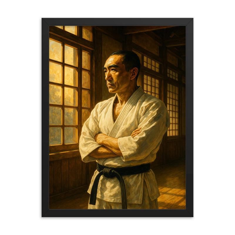 Yukio Mishima at sunlit dojo window framed print on a plain backdrop in size 18