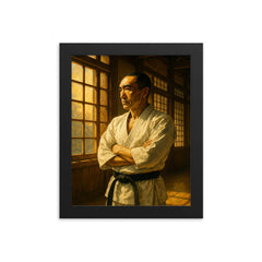 Yukio Mishima at sunlit dojo window framed print on a plain backdrop in size 8"x10".