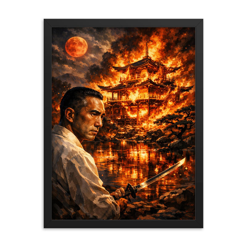 Yukio Mishima golden pavilion inferno vision framed print on a plain backdrop in size 18