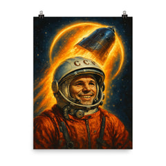 Yuri Gagarin haloed by Vostok capsule glow poster on a plain backdrop in size 8"x10".