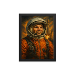 Yuri Gagarin in orange suit before launch framed print on a plain backdrop in size 12"x16".