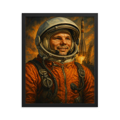 Yuri Gagarin in orange suit before launch framed print on a plain backdrop in size 16"x20".