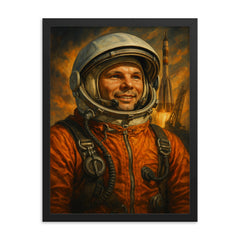 Yuri Gagarin in orange suit before launch framed print on a plain backdrop in size 18"x24".