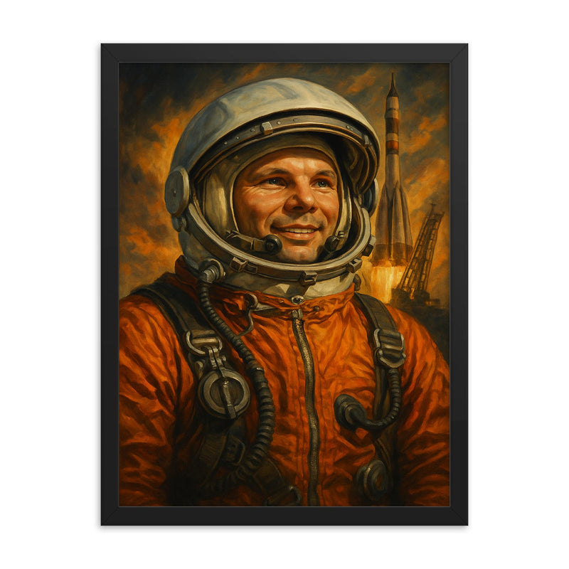 Yuri Gagarin in orange suit before launch framed print on a plain backdrop in size 18