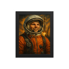 Yuri Gagarin in orange suit before launch framed print on a plain backdrop in size 8"x10".