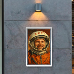 Yuri Gagarin smiling beneath Soviet space helmet poster 2