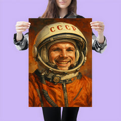 Yuri Gagarin smiling beneath Soviet space helmet poster 3