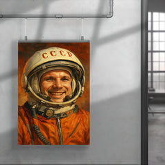 Yuri Gagarin smiling beneath Soviet space helmet poster 4