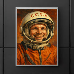 Yuri Gagarin smiling beneath Soviet space helmet poster 5