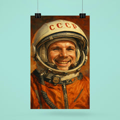 Yuri Gagarin smiling beneath Soviet space helmet poster 6