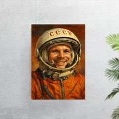 Yuri Gagarin smiling beneath Soviet space helmet poster 7