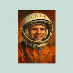 Yuri Gagarin smiling beneath Soviet space helmet poster 8