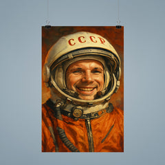Yuri Gagarin smiling beneath Soviet space helmet poster 9