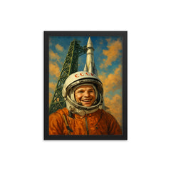 Yuri Gagarin smiling beneath Vostok launch gantry framed print on a plain backdrop in size 12"x16".