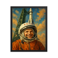 Yuri Gagarin smiling beneath Vostok launch gantry framed print on a plain backdrop in size 16"x20".