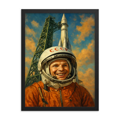 Yuri Gagarin smiling beneath Vostok launch gantry framed print on a plain backdrop in size 18"x24".