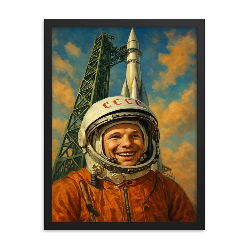 Yuri Gagarin smiling beneath Vostok launch gantry framed print on a plain backdrop in size 18