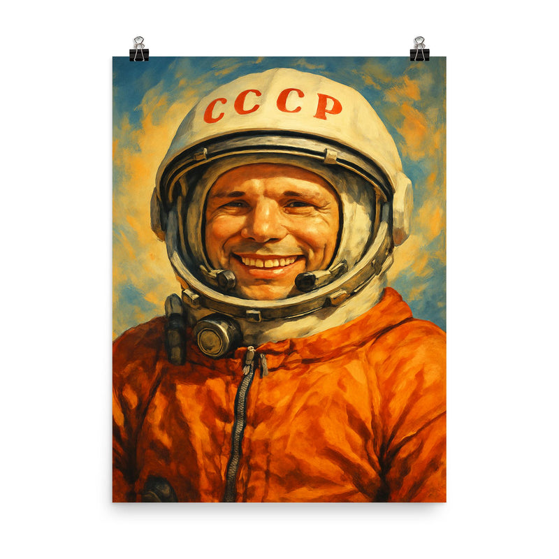 Yuri Gagarin smiling in cosmonaut orange poster on a plain backdrop in size 8
