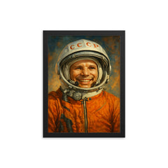 Yuri Gagarin smiling in pressure suit framed print on a plain backdrop in size 12"x16".
