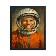 Yuri Gagarin smiling in pressure suit framed print on a plain backdrop in size 16"x20".