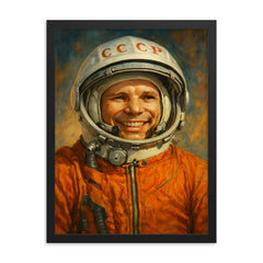 Yuri Gagarin smiling in pressure suit framed print on a plain backdrop in size 18"x24".