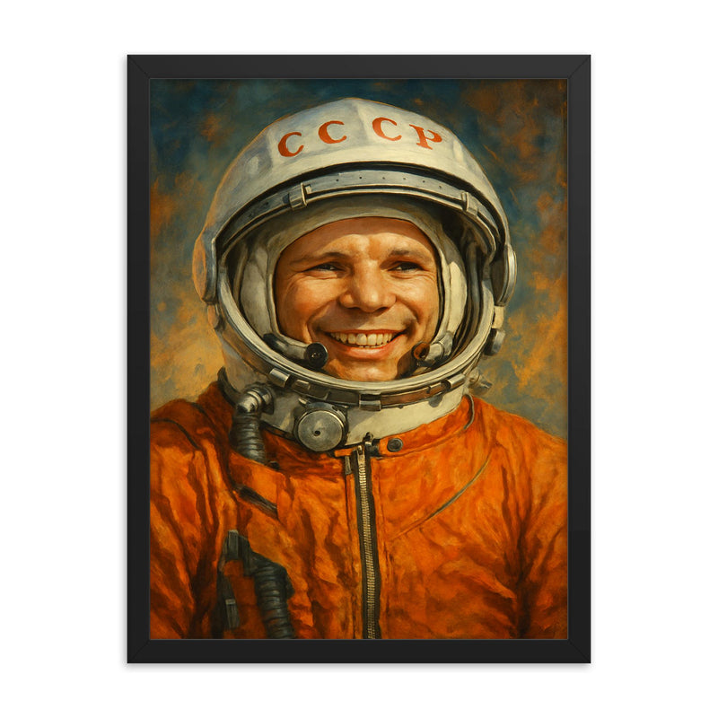 Yuri Gagarin smiling in pressure suit framed print on a plain backdrop in size 18