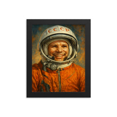 Yuri Gagarin smiling in pressure suit framed print on a plain backdrop in size 8"x10".