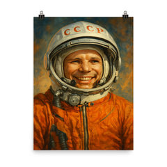 Yuri Gagarin smiling in pressure suit poster on a plain backdrop in size 8"x10".