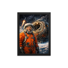 Yuri Gagarin suited beside Vostok capsule framed print on a plain backdrop in size 12"x16".