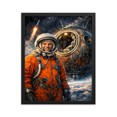 Yuri Gagarin suited beside Vostok capsule framed print on a plain backdrop in size 16"x20".