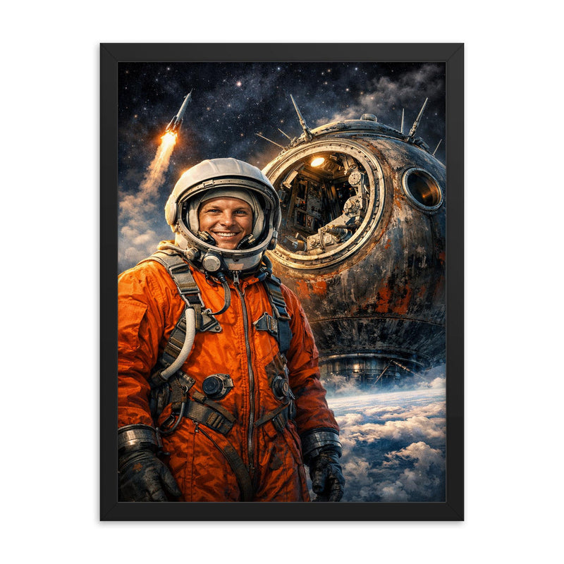 Yuri Gagarin suited beside Vostok capsule framed print on a plain backdrop in size 18