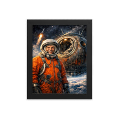 Yuri Gagarin suited beside Vostok capsule framed print on a plain backdrop in size 8"x10".
