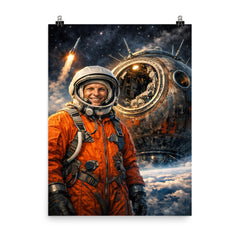 Yuri Gagarin suited beside Vostok capsule poster on a plain backdrop in size 8"x10".